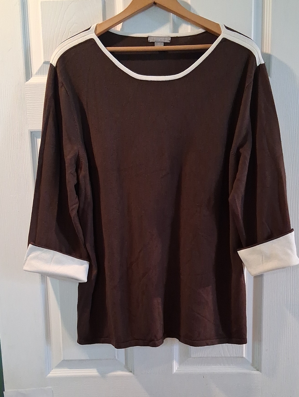 Investments Brown Long Sleeve Top with Ivory Trim